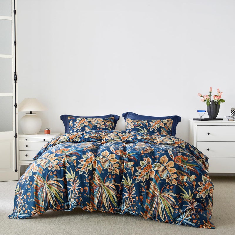 SUSYBAO Colorful Plant Duvet Cover Queen 100% Egyptian Cotton Aquatic Patterned Set 3 Pcs 1 Leaves Botanical Duvet Cover with Zipper Ties 2 Pillowcases Soft Tropical Floral Bedding - Image 1